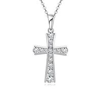 Solid 925 Sterling Silver Cross Necklace, 1.2 Inch Pendant, Chain Length 18 Inch+2, Religious Pendant Dainty CZ Cubic Zirconia Jewelry Gifts