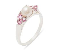Solid 925 Sterling Silver Cultured Pearl & Natural Pink Tourmaline Womens Cluster Ring - Size M -Sizes J to Z Available
