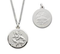 Solid 925 Sterling Silver Double Sided 16mm Round St Christopher Medal Pendant With Optional 1.4mm Wide Diamond Cut Curb Chain In Gift Box (available in 16" to 24")