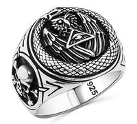 Solid 925 Sterling Silver Masonic Freemason Ring for Men with Owl & Seeing Eye Illuminati Eye of Providence Pyramid Old Style Amulet Retro Ancient Symbol Ring, Metal, Onyx