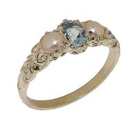 Solid 925 Sterling Silver Natural Aquamarine & Cultured Pearl Womens Trilogy Ring - Size Z