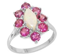 Solid 925 Sterling Silver Natural Opal & Pink Tourmaline Womens Cluster Ring - Sizes J to Z Available including half sizes