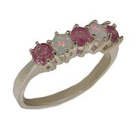 Solid 925 Sterling Silver Natural Pink Tourmaline & Opal Contemporary Style Band Ring