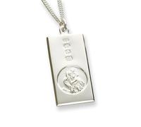 Solid 925 Sterling Silver St Christopher Ingot Pendant With Custom Hallmark 27mm x 14mm and Optional 1.6mm Wide Diamond Cut Curb Chain In Gift Box (available in 16" to 24")