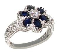 Solid 9ct White Gold Ladies Sapphire & Diamond Band Ring - Size S