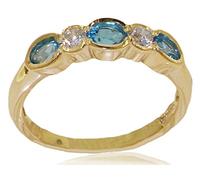 Solid 9ct Yellow Gold Natural Blue Topaz & Diamond Modern Eternity Band Ring - Size P