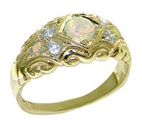 Solid 9ct Yellow Gold Natural Opal & Diamond Vintage Style Band Ring Size N White stone engagement ring
