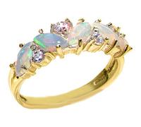 Solid 9ct Yellow Gold Ring, Natural Opal & 0.24ct Diamond Ladies Eternity Ring Size Q October Birthday Gift for Mum