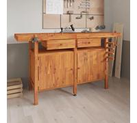 Solid Acacia Wood Workbench with 2 Drawers, Vices and Sturdy Worktop, 162 x 62 x 83 cm, Ideal for Workshop, Garage, Hobby Room and DIY