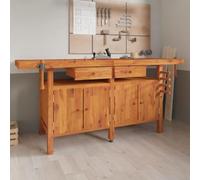 Solid Acacia Wood Workbench with Vices 192 x 62 x 83 cm, 2 Drawers and Large Compartment, Sturdy Work Table for Workshop, Garage