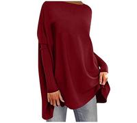 Solid Basic Casual Loose Pullover Long Sleeve T-Shirt Tops Neon Costume Women, Wine Red, L
