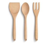 Solid Beechwood Kitchen Utensils Set of 3 - Wooden Spoon, Spatula & Fork - Pre-Oiled, Non-Stick Safe Cooking Tools