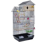 Solid Black Iron Wire Bird Cage Large House-Shaped Parrot Cage with Complete Accessories (Black D)