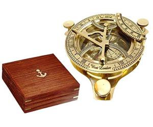 Solid Brass 4" Sundial Compass - with Wooden Box Rustic Vintage Home Decor Gifts
