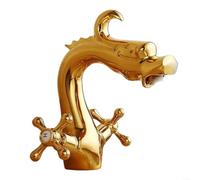 Solid Brass Bathroom Dragon-Shaped Basin Faucet with Water-Saving Aerator, Double Cross Handle for Temperature Control, Lead-Free Construction, Polished Gold Finish, for Vanity Sink