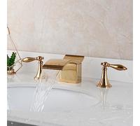 Solid Brass Bathroom Sink Wash Basin 2 Handles Waterfall Faucet Golden Plated Bathtub Mixer Tap Deck Mounted(Style D 04)