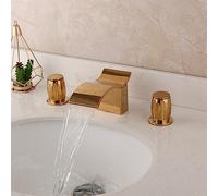 Solid Brass Bathroom Sink Wash Basin 2 Handles Waterfall Faucet Golden Plated Bathtub Mixer Tap Deck Mounted(Style C 03)