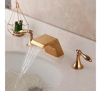 Solid Brass Bathroom Sink Wash Basin 2 Handles Waterfall Faucet Golden Plated Bathtub Mixer Tap Deck Mounted(Style B 04)