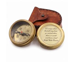 Solid Brass Compass with Leather Case - Engraved Quote “Do Not Go Where The Path May Lead” - Inspirational Gift for Men, Women, Graduates, Travelers, Retirement, Adventure Keepsake
