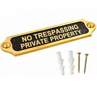 Solid Brass No Trespassing Private Property Door Sign Plaque with Black Background, Wall Mounted Security Notice Plate for Home, Gate, Fence, Driveway, Office, Farm, Business Entrance 22 x 5 cm