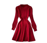 Solid Color Autumn Winter O-Neck Twist Knitted Dress Long Sleeves Slim Mid-Length Loose Warm Pullover Sweater Dress Claret