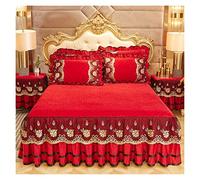Solid Color Bed Skirt Luxury Bedding Style Bedspreads On The Bed Lace Skirt Pillowcases Crystal King Queen Size Home Textiles Bedroom(Red,1 Pc skirt 180x200cm)