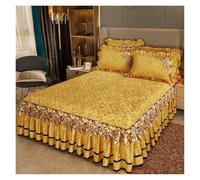 Solid Color Bed Skirt Plush Winter Warm Bedspread on The Bed Thickened Skirt-style Embroidery Cotton 3 Pcs Bedding Set with Pillowcases Bedroom(Golden,3 Pcs 160x200cm)