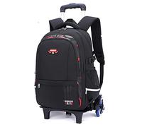 Solid Color Elemetary Rolling Backpack,Camo Prints Kids Wheeled School BookBag,Casual Trolley Daypack for Boys, Black Red, 6 Wheels