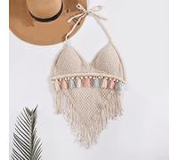 Solid Color Fringe Halter Vest One Size Fit | Halter neck design, solid color pattern, fringe trim detail, triangle cup support, summer essential