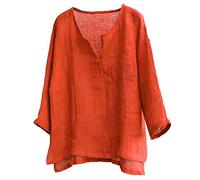 Solid Color Loose Baggy Linen Henley Shirt for Men Fashion Casual V Neck 3/4 Sleeve Beach Yoga Shirts Summer Vacation Shirts(Orange,3X-Large)