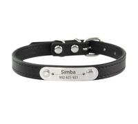 Solid Color PU Leather With ID Name Tag Nameplate Personalized Cat Dog Collar Suitable For Shiba Inu Beagle Poodle Pug,Black,XS
