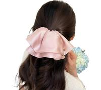 Solid color satin bow back head hairpin super fairy ponytail clip sweet and cute grab (2 packs) (Pink grab clip)