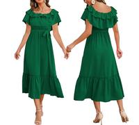 Solid color sexy one line collar off the shoulder mid length flowing pleated hem rubber band waist dress