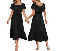 Solid color sexy one line collar off the shoulder mid length flowing pleated hem rubber band waist dress