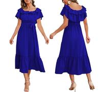 Solid color sexy one line collar off the shoulder mid length flowing pleated hem rubber band waist dress