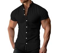 Solid Color Short Sleeved Shirt for Men - Cotton and Linen Breathable Skin Friendly Summer Shirt Button Stand-up Neck Shirt Summer Daily Casual Tops Simple No Pockets Design Short Sleeved Shirt Black