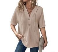 Solid Color Waffle Weave for top for Women Summer Wear Solid | Waffle knit texture, hooded design, half-button closure, v-neck style, lightweight polyester fabric