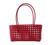 Solid Color Weave Tote Bag with Handle Simple Woven Shoulder Bag Handheld Picnic Basket Hollow Woven Shoulder Purse for Outdoor Fruit Picking Flower Arranging (Red)
