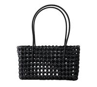 Solid Color Weave Tote Bag with Handle Simple Woven Shoulder Bag Handheld Picnic Basket Hollow Woven Shoulder Purse for Outdoor Fruit Picking Flower Arranging (Black)