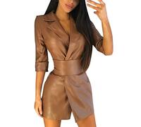 Solid Colour Pu Leather Blazer Lapel Mid-Length Half Sleeve Women's Casual Dress Leather Jacket with Belt Cool Leather Coat V Collar Winter Jacket Pu Sexy Bodycon Leather Dress Elegant Khaki