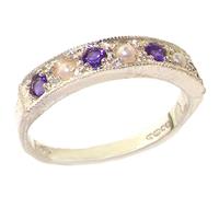 Solid English 925 Sterling Silver Genuine Natural Amethyst & Pearl Eternity Band Ring - Size R