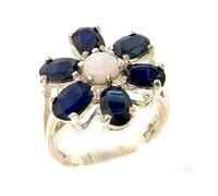 Solid English Sterling Silver Ladies Fiery Opal & Sapphire Flower Ring size T Women's September Birthstone Gift