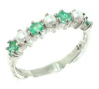Solid English Sterling Silver Ring, Natural Emerald & Pearl Ladies Eternity Ring - Size P
