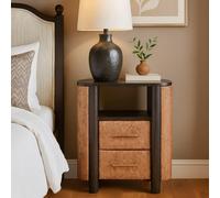Solid Mango Wood Curved-Edge Rattan Bedside Table with 2 Smooth-gliding Drawers, Bedside Cabinet with Open Shelf, 40L x 50W x 60H cm, Brown Aosom UK