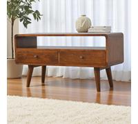 Solid Mango Wood Curved Media Unit with 2 Smooth-Gliding Drawers and Open Shelf, Table for Ample Storage, 35L x 90W x 47H cm, Brown Aosom UK