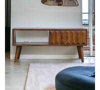 Solid Mango Wood Media Unit with Sliding Door and Open Slot Storage, Hand-finished Table with Unique Grain, 35L x 88W x 40H cm, Brown Aosom UK