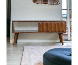 Solid Mango Wood Media Unit with Sliding Door and Open Slot Storage, Hand-finished Table with Unique Grain, 35L x 88W x 40H cm, Brown Aosom UK