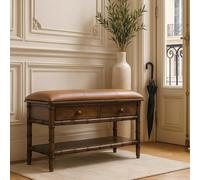 Solid Mango Wood Storage Bench with 2 Smooth-Gliding Drawers, High-Resilience Cushioned Seat with Shelf, 35L x 90W x 55H cm, Brown Aosom UK