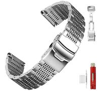 Solid Mesh Stainless Steel Bracelets 20mm/22mm/24mm Watch Bands Deployment Buckle Brushed/Polished Strap for Men Women (20mm, Silver)