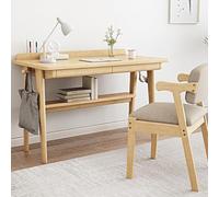 Solid Oak Wood Desk with Drawers and Storage Shelves, Mid-Century Modern Design for Home Office and Study Spaces